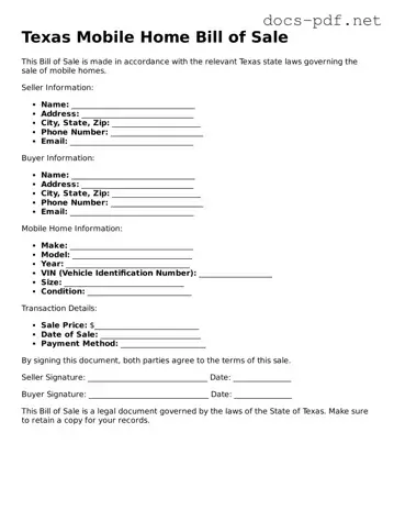 Official  Mobile Home Bill of Sale Form for Texas