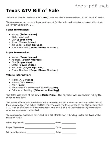 Official  ATV Bill of Sale Form for Texas
