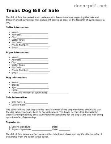 Official  Dog Bill of Sale Form for Texas