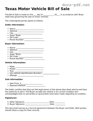 Official  Motor Vehicle Bill of Sale Form for Texas