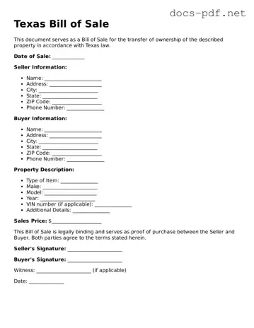 Official  Bill of Sale Form for Texas