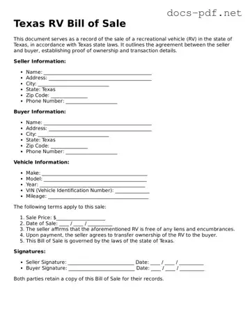 Official  RV Bill of Sale Form for Texas