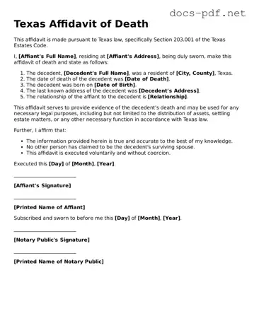 Official  Affidavit of Death Form for Texas