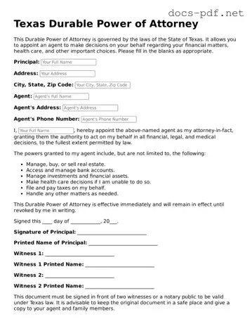 Official  Durable Power of Attorney Form for Texas