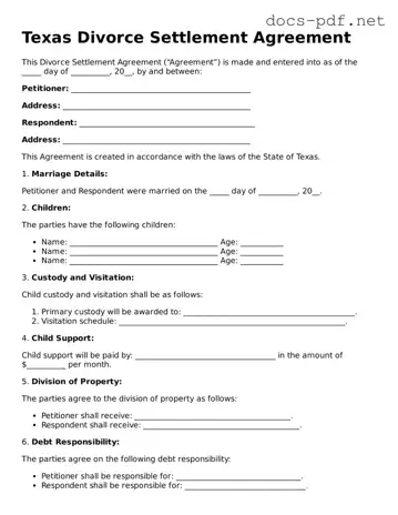 Official  Divorce Settlement Agreement Form for Texas