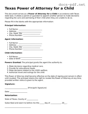 Official  Power of Attorney for a Child Form for Texas