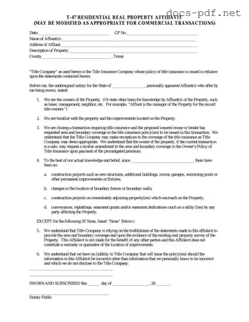 Texas residential property affidavit T-47 Form in PDF