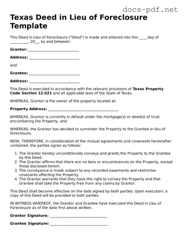 Official  Deed in Lieu of Foreclosure Form for Texas