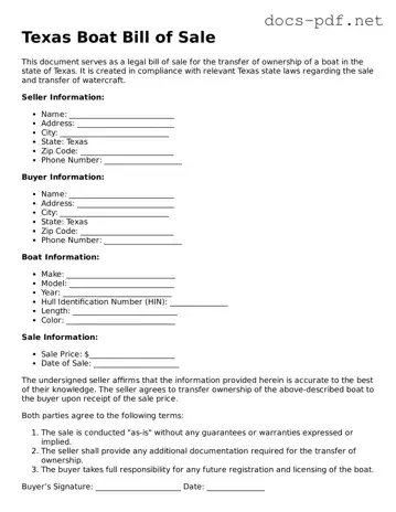Official  Boat Bill of Sale Form for Texas