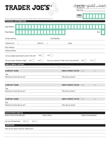 Trader Joe's application Form in PDF