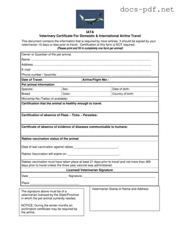 Veterinary Certificate Travel Form in PDF