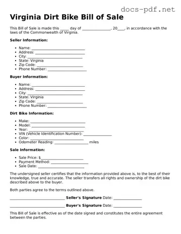 Official  Dirt Bike Bill of Sale Form for Virginia