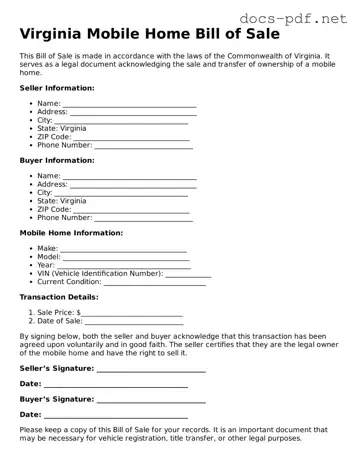 Official  Mobile Home Bill of Sale Form for Virginia
