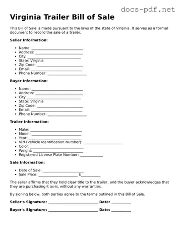 Official  Trailer Bill of Sale Form for Virginia