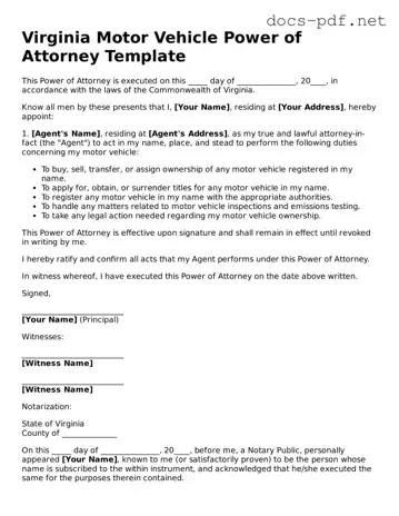 Official  Motor Vehicle Power of Attorney Form for Virginia