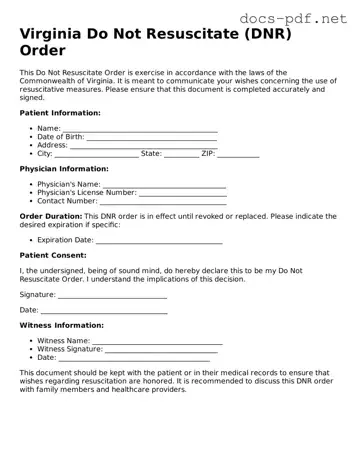 Official  Do Not Resuscitate Order Form for Virginia