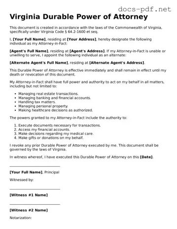 Official  Durable Power of Attorney Form for Virginia