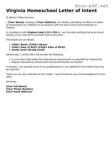Official  Homeschool Letter of Intent Form for Virginia