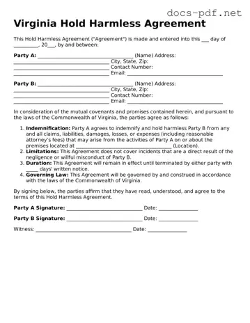 Official  Hold Harmless Agreement Form for Virginia