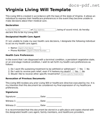 Official  Living Will Form for Virginia