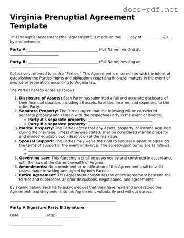 Official  Prenuptial Agreement Form for Virginia