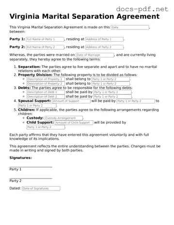 Official  Marital Separation Agreement Form for Virginia