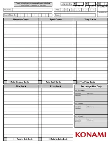 Konami Decklist Form in PDF