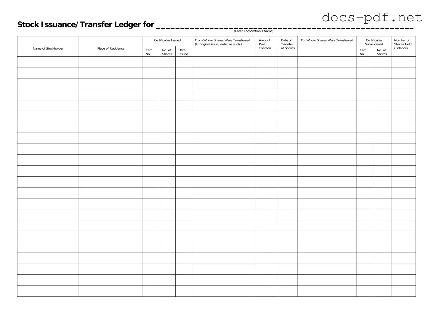 Stock Transfer Ledger Form in PDF