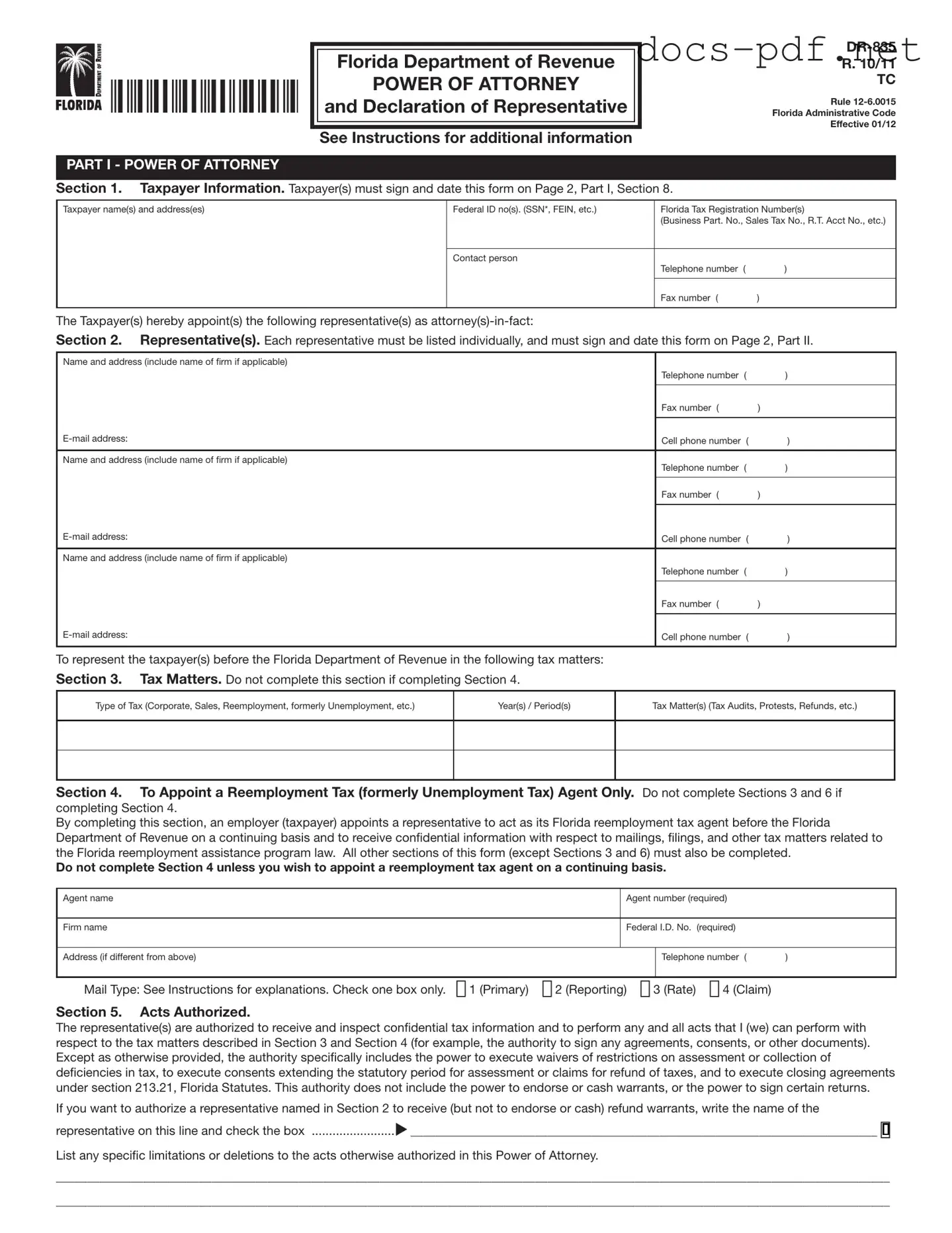 Tax POA dr 835 Form in PDF
