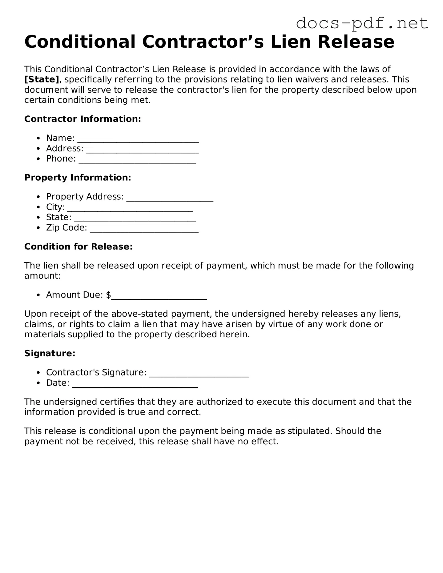 Free Conditional Contractor’s Lien Release Document