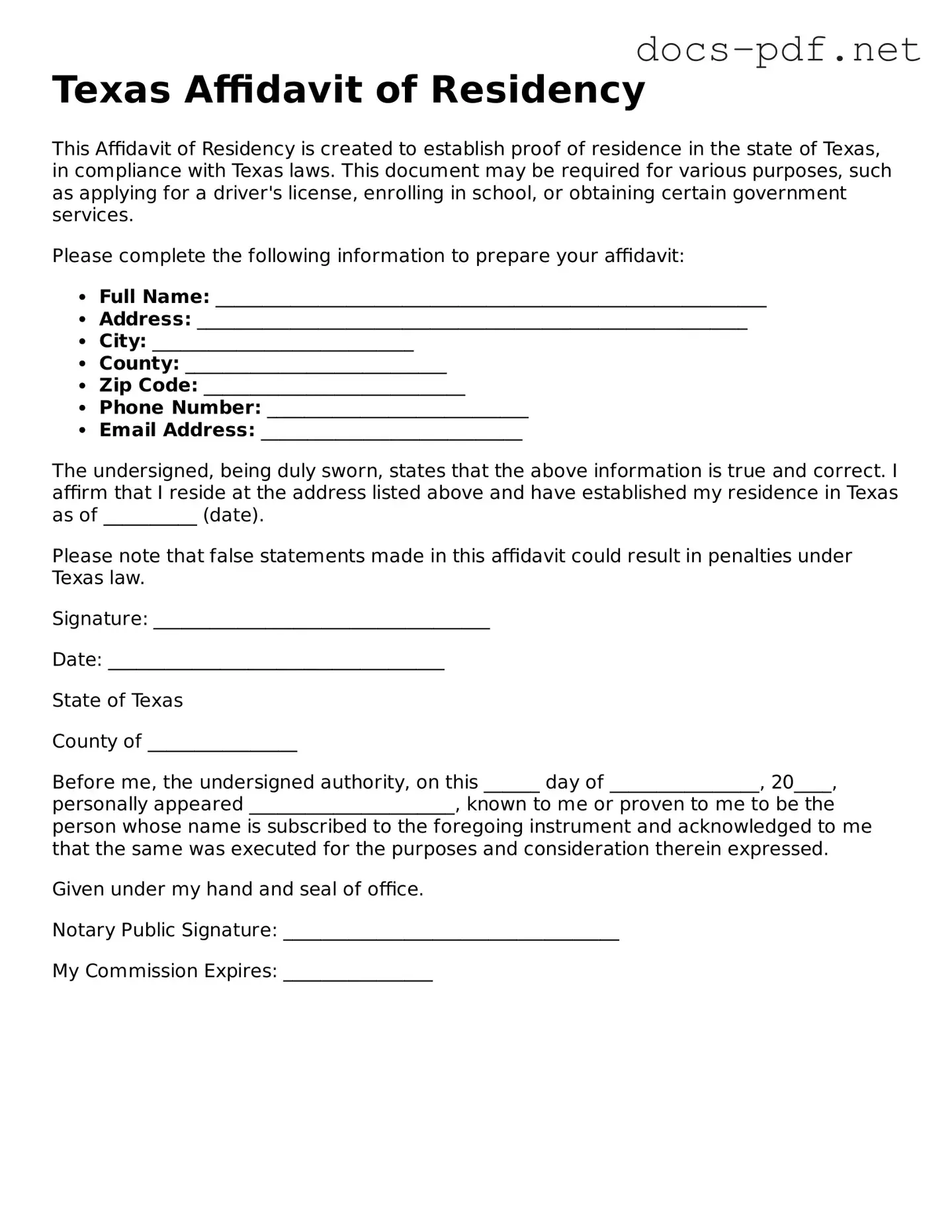 Official  Affidavit of Residency Form for Texas