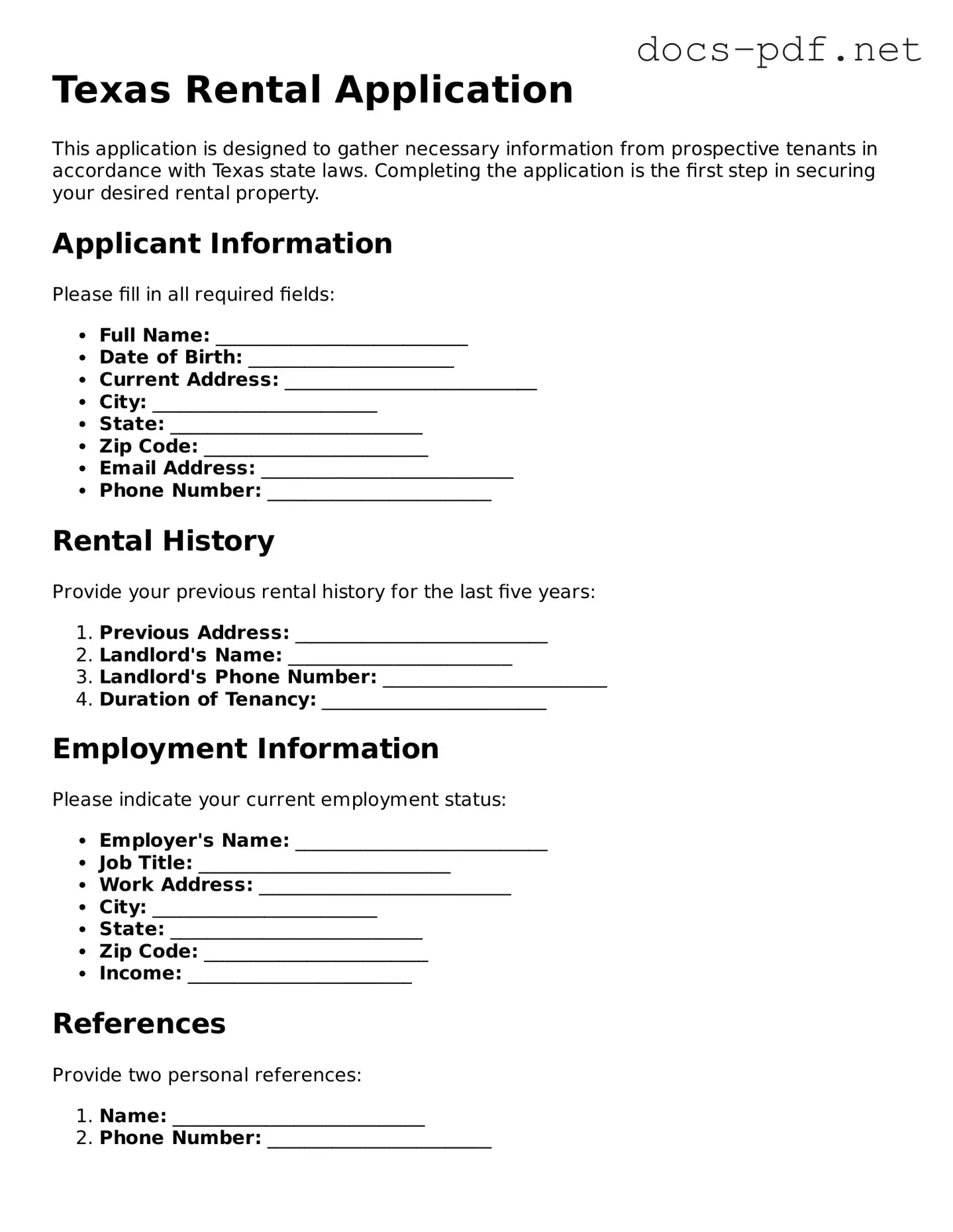 Official  Rental Application Form for Texas