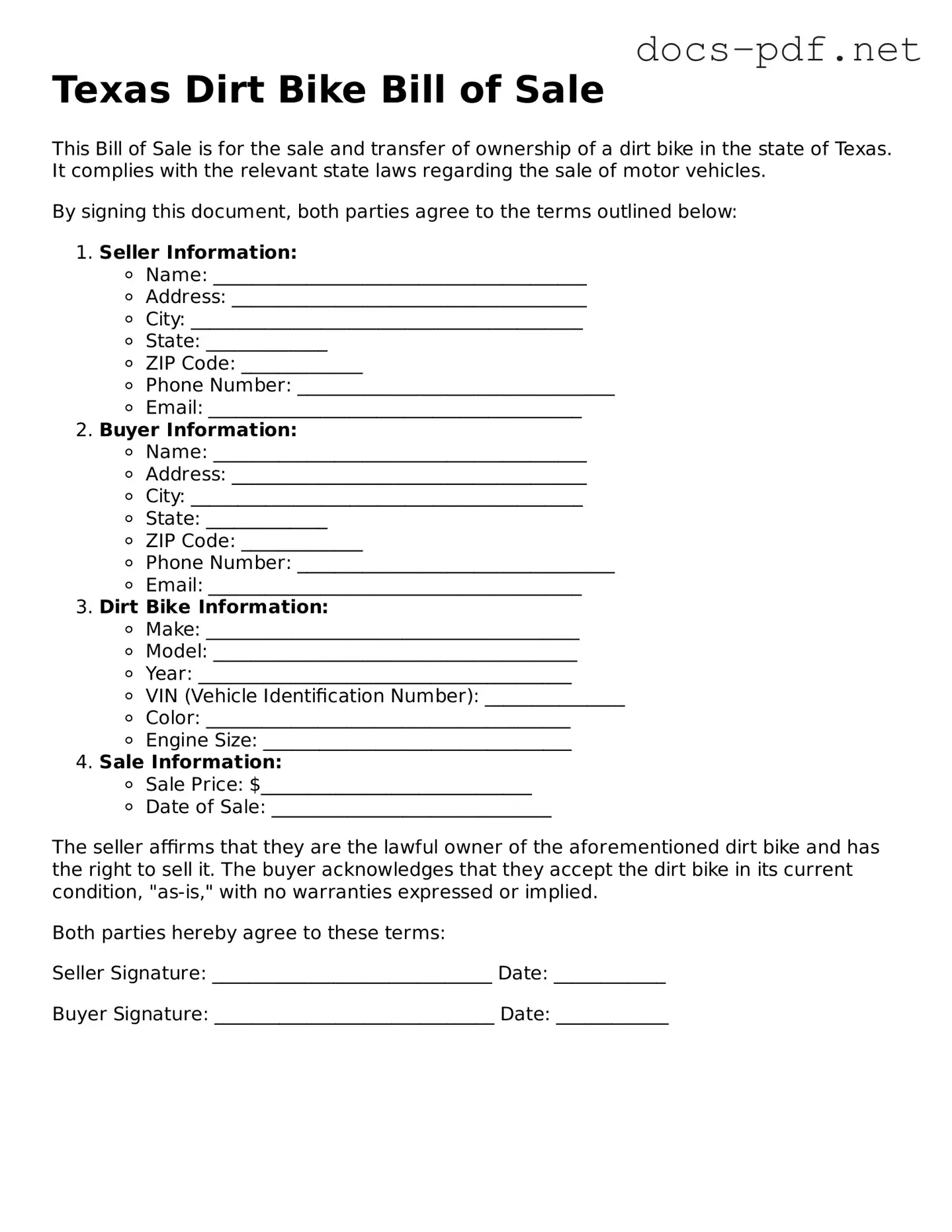 Official  Dirt Bike Bill of Sale Form for Texas