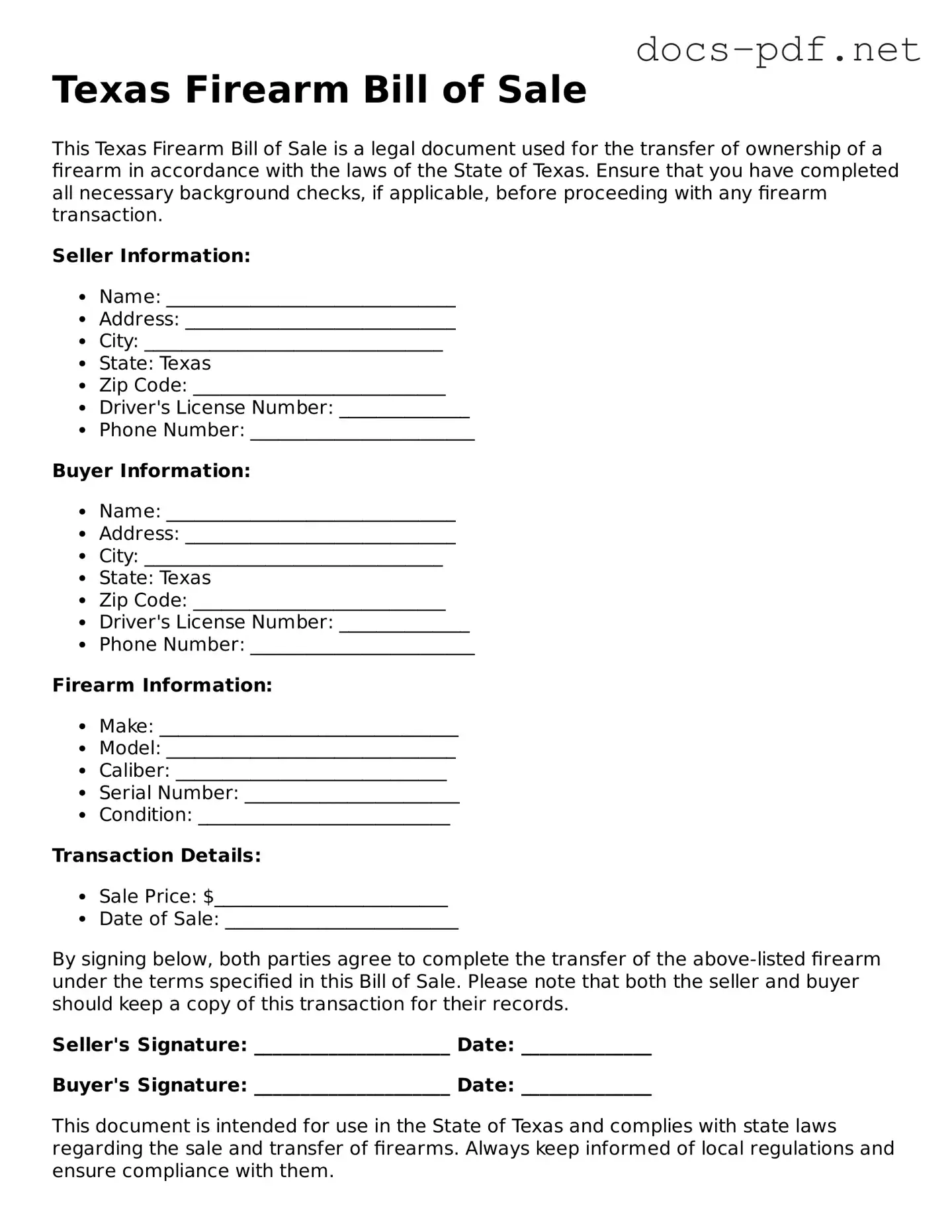 Official  Firearm Bill of Sale Form for Texas