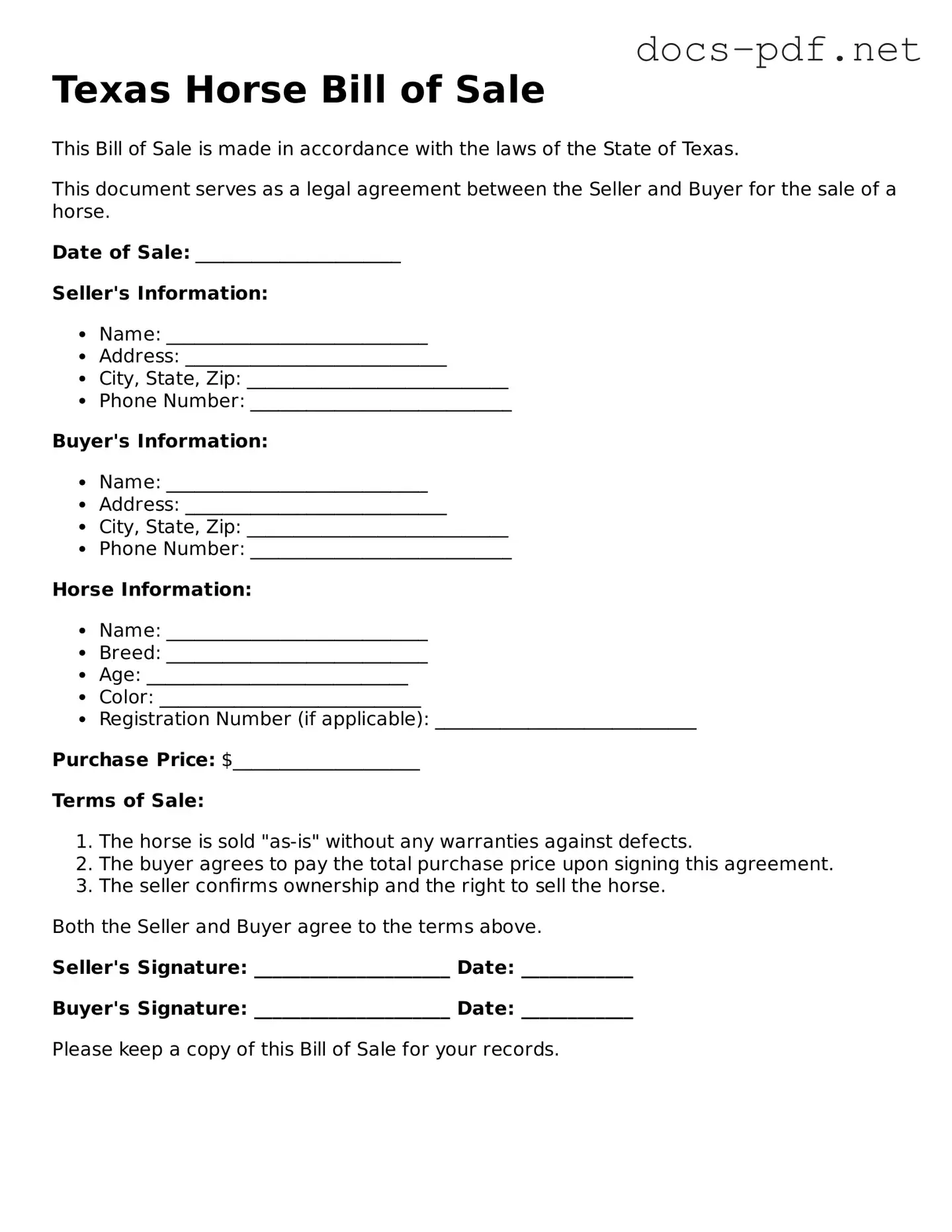 Official  Horse Bill of Sale Form for Texas