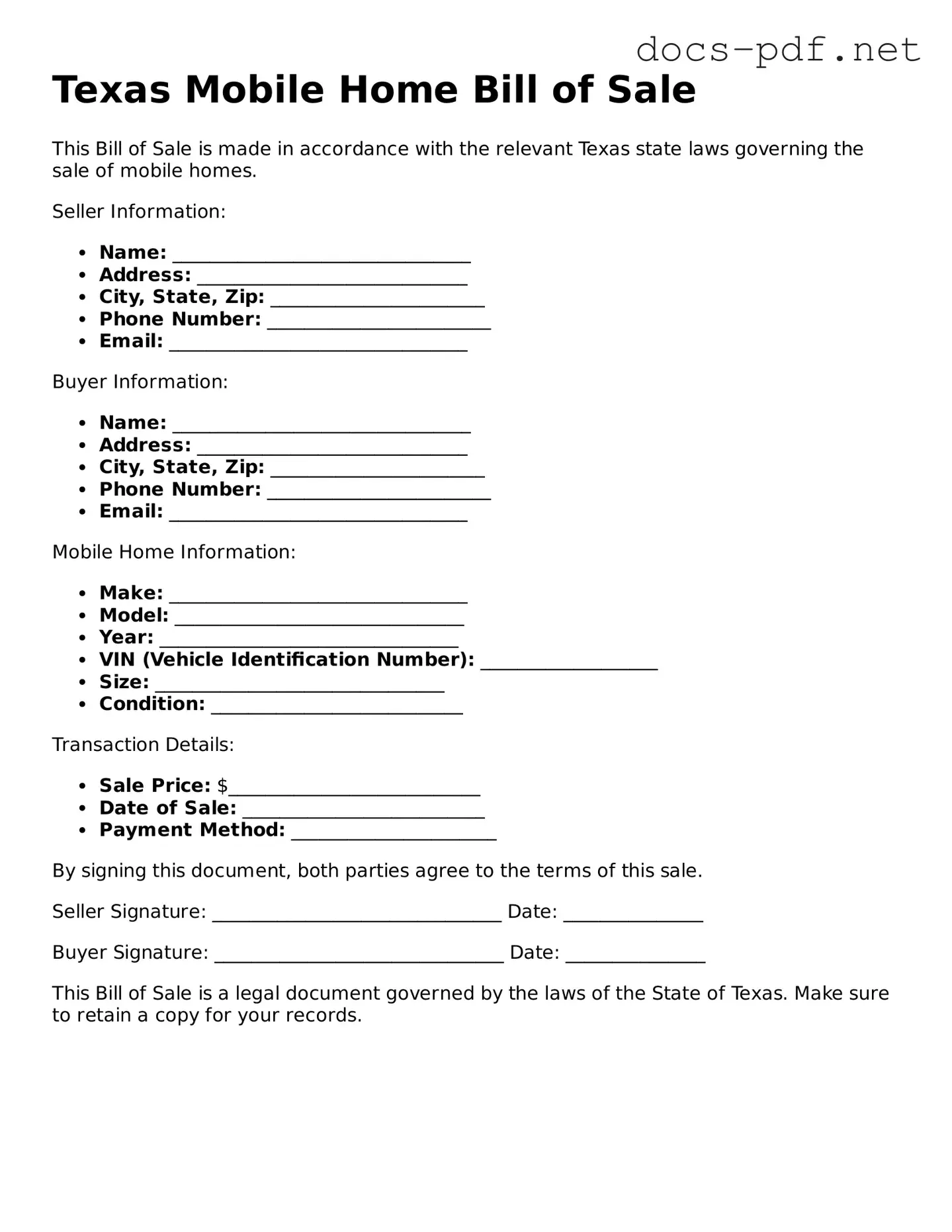 Official  Mobile Home Bill of Sale Form for Texas