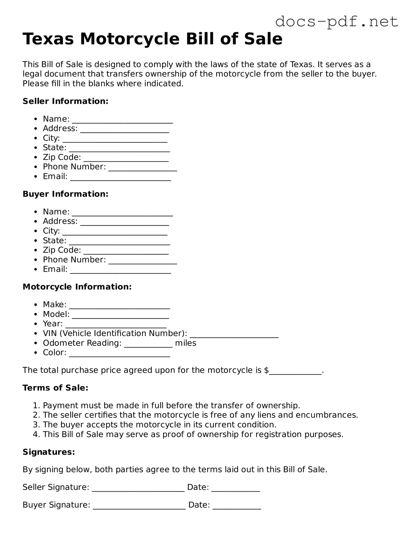 Official  Motorcycle Bill of Sale Form for Texas