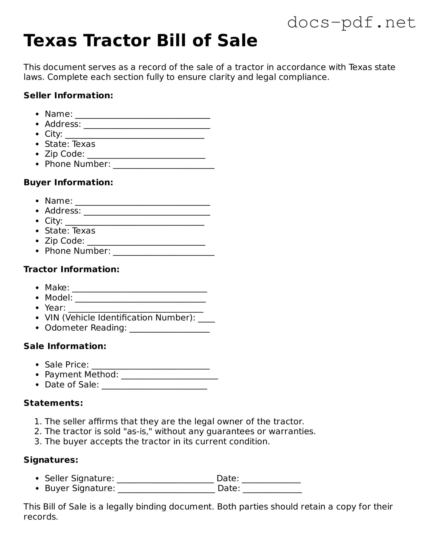Official  Tractor Bill of Sale Form for Texas
