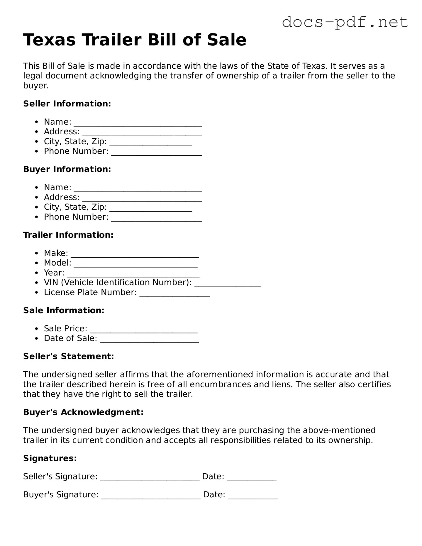 Official  Trailer Bill of Sale Form for Texas