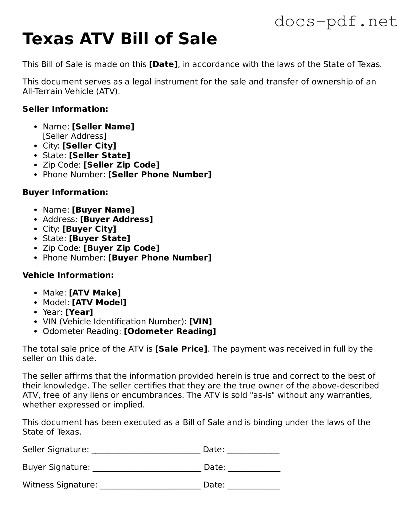 Official  ATV Bill of Sale Form for Texas