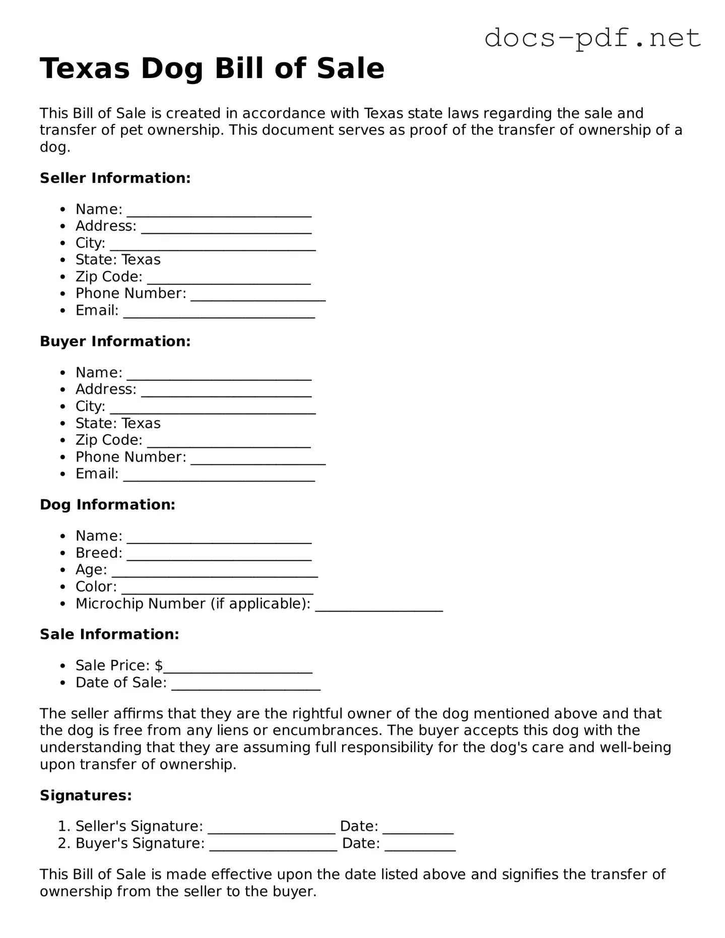 Official  Dog Bill of Sale Form for Texas
