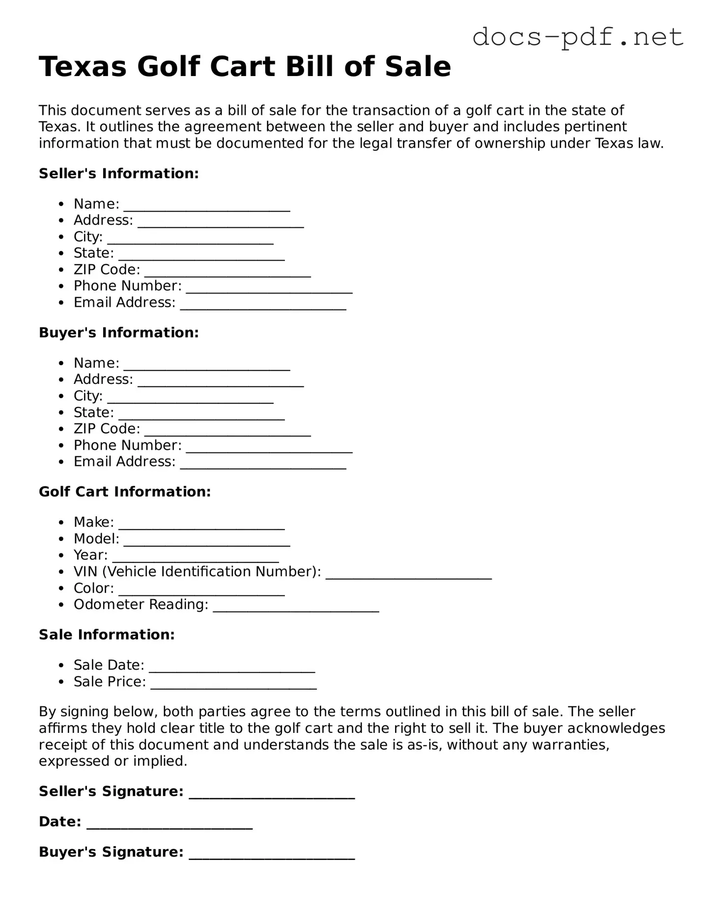 Official  Golf Cart Bill of Sale Form for Texas