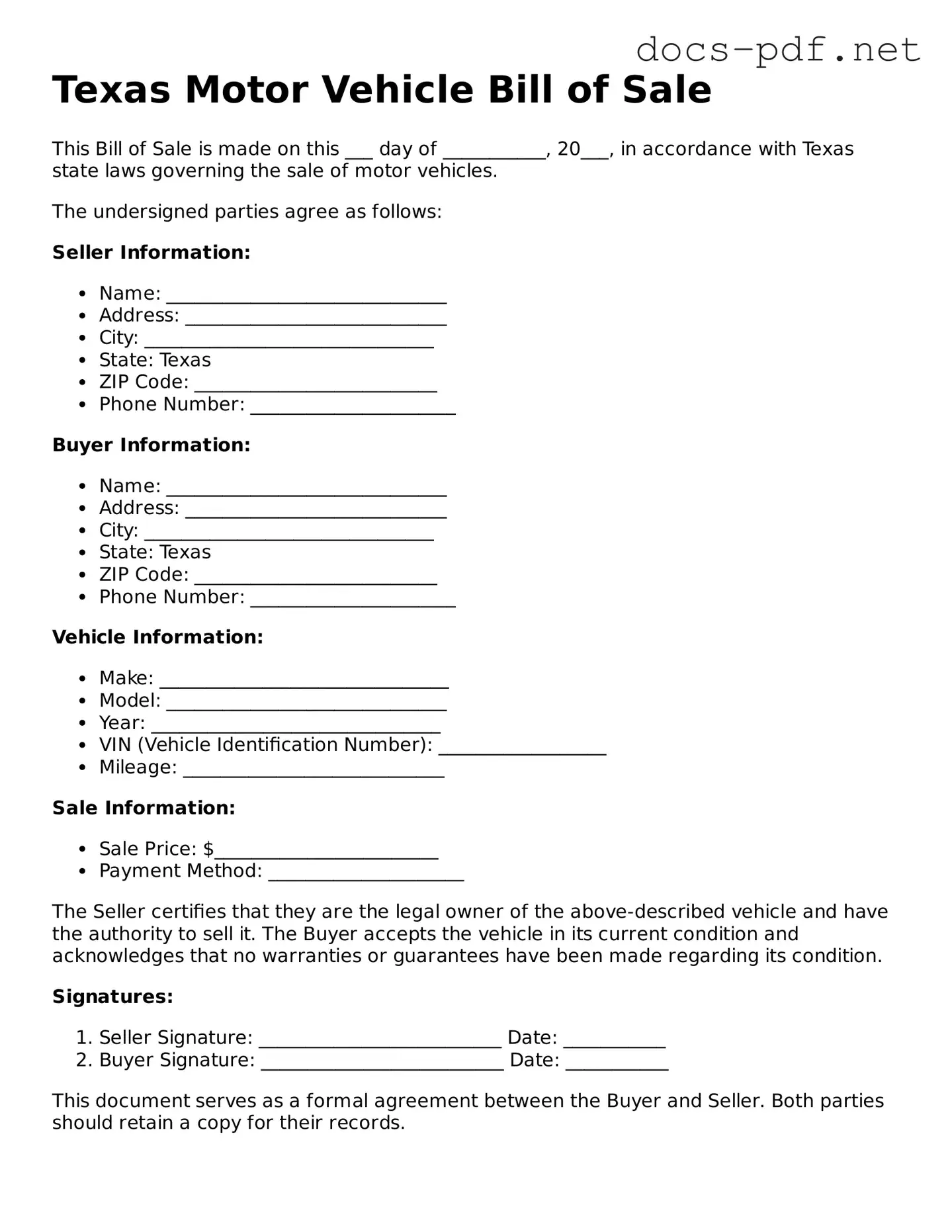 Official  Motor Vehicle Bill of Sale Form for Texas