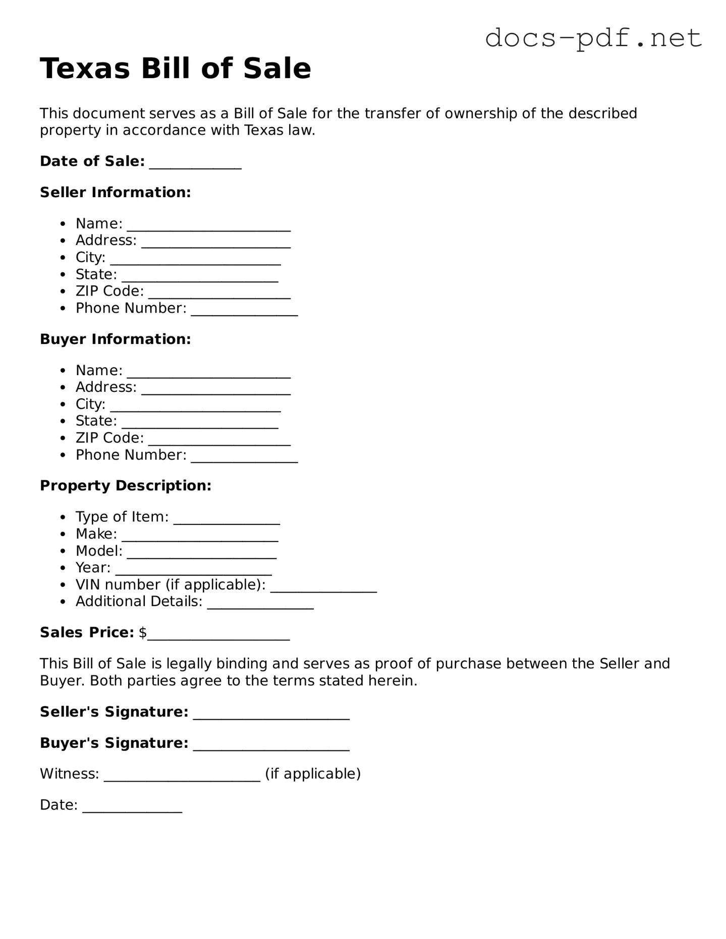 Official  Bill of Sale Form for Texas