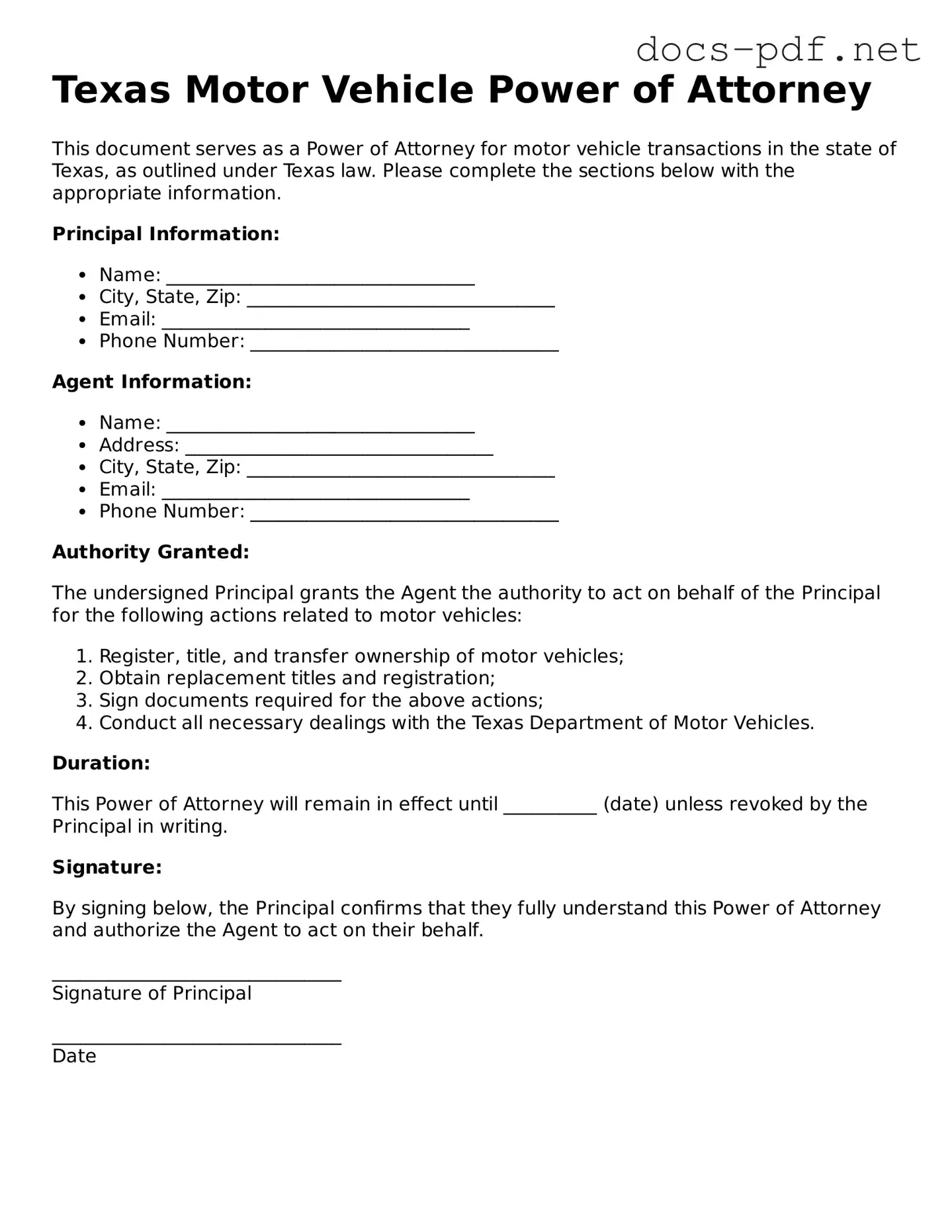 Official  Motor Vehicle Power of Attorney Form for Texas