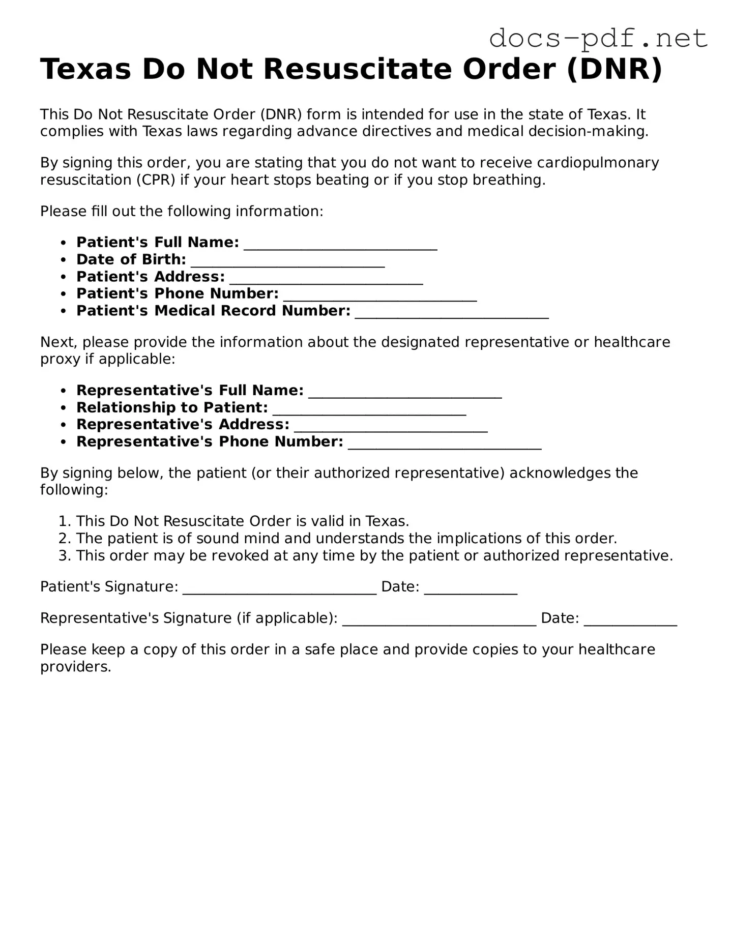Official  Do Not Resuscitate Order Form for Texas