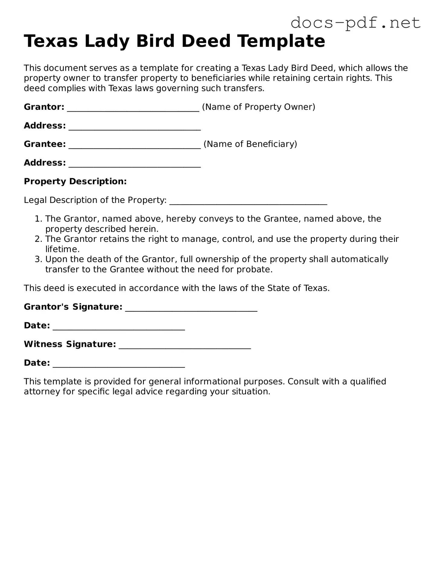 Official  Lady Bird Deed Form for Texas