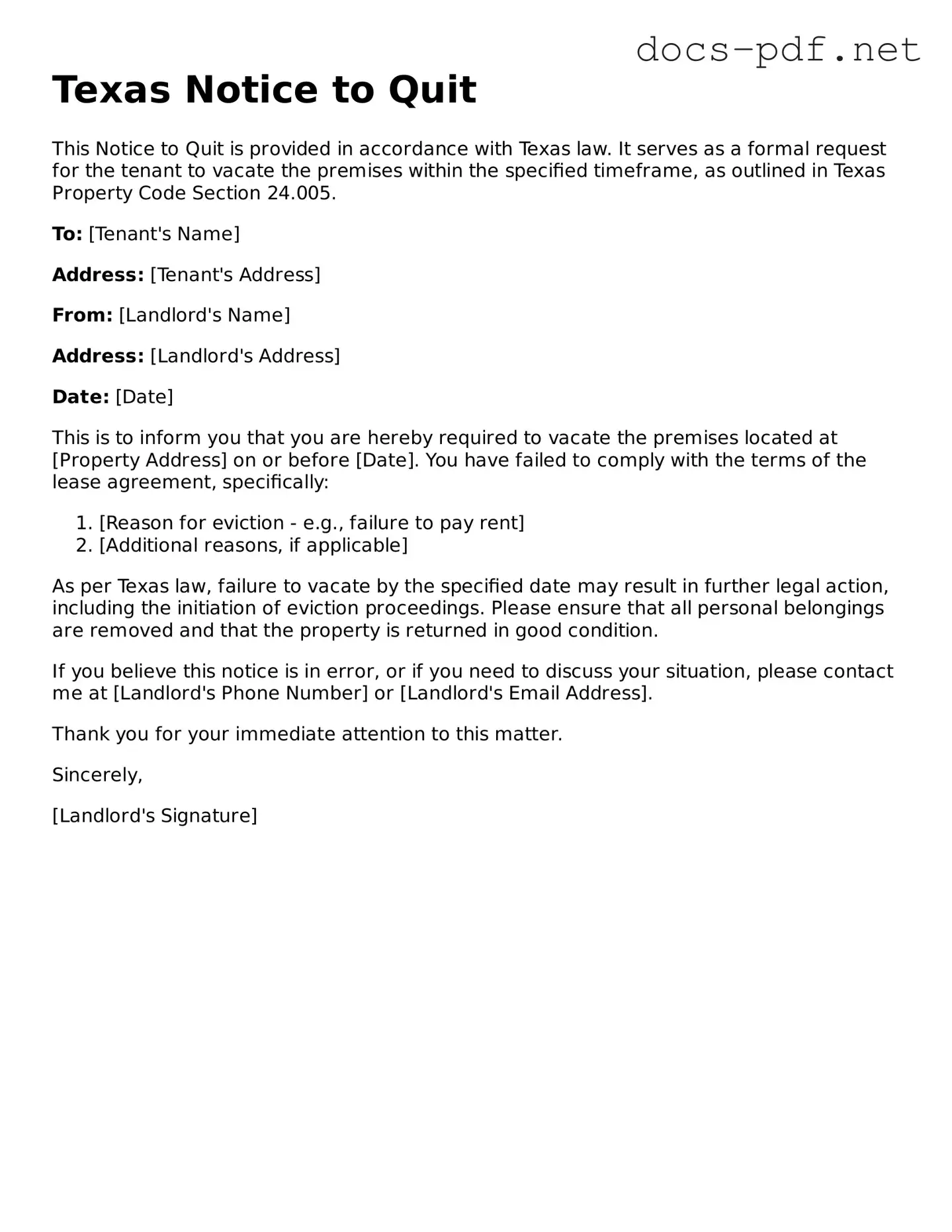 Official  Notice to Quit Form for Texas