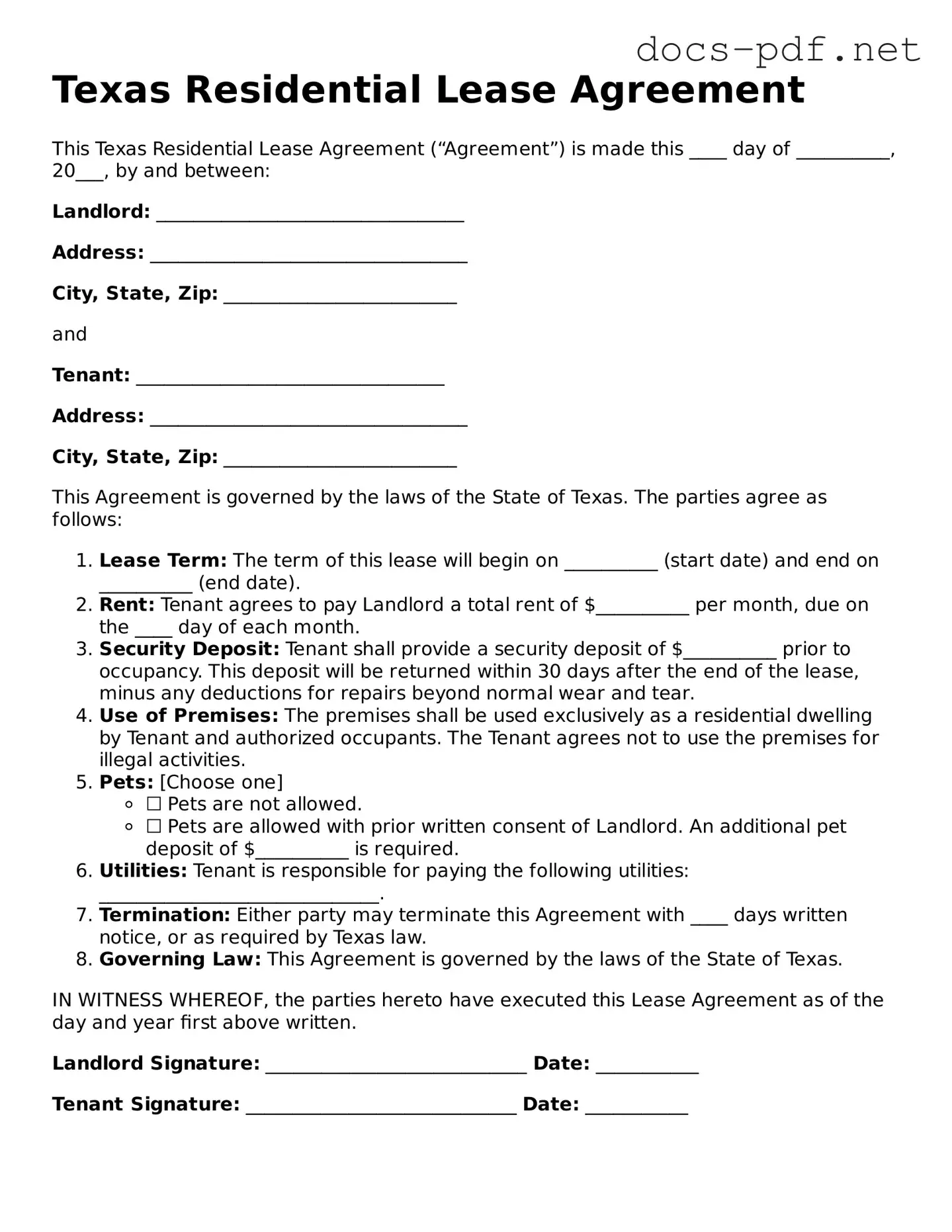 Official  Residential Lease Agreement Form for Texas