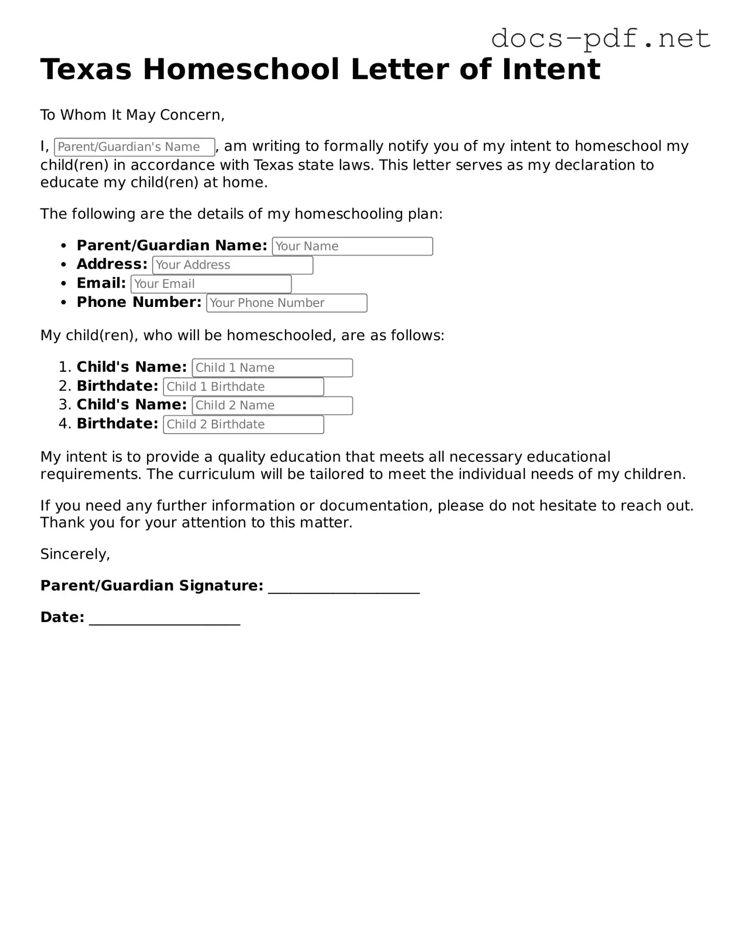 Official  Homeschool Letter of Intent Form for Texas